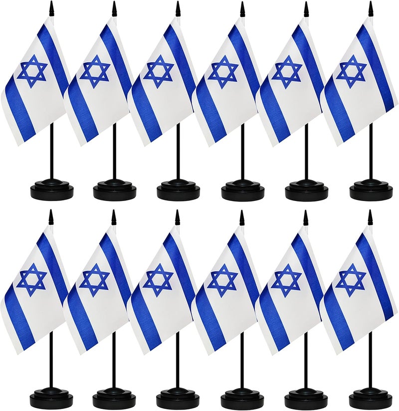 BCLin 12 Pack Israel Desk Flags Set, Israeli Small Mini Table Office Flags with 12" Solid Black Pole, 8.2 x 5.5 Inches, Home and Office Decoration, Festival Celebrations - Image 1